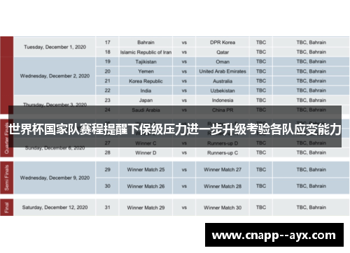 世界杯国家队赛程提醒下保级压力进一步升级考验各队应变能力