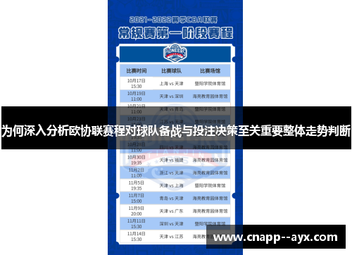 为何深入分析欧协联赛程对球队备战与投注决策至关重要整体走势判断