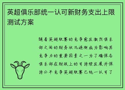 英超俱乐部统一认可新财务支出上限测试方案